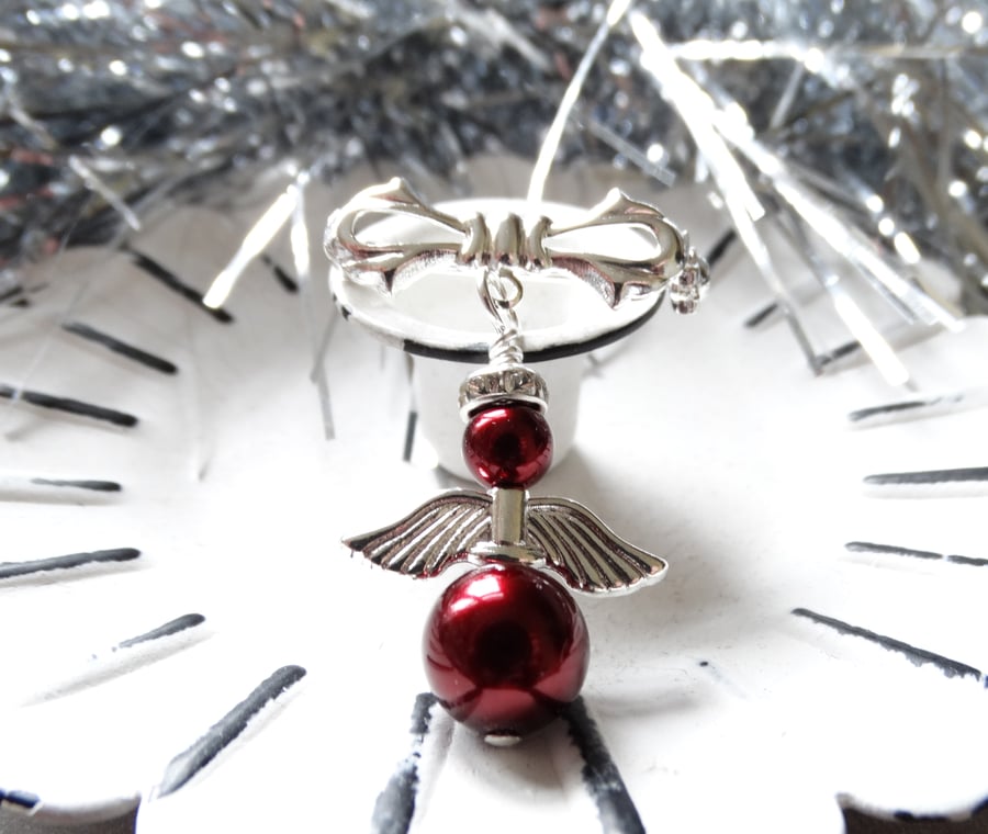 DarkRed Christmas 'Mary' Angel SilverPlated Bow Knot Brooch with Preciosa Pearls