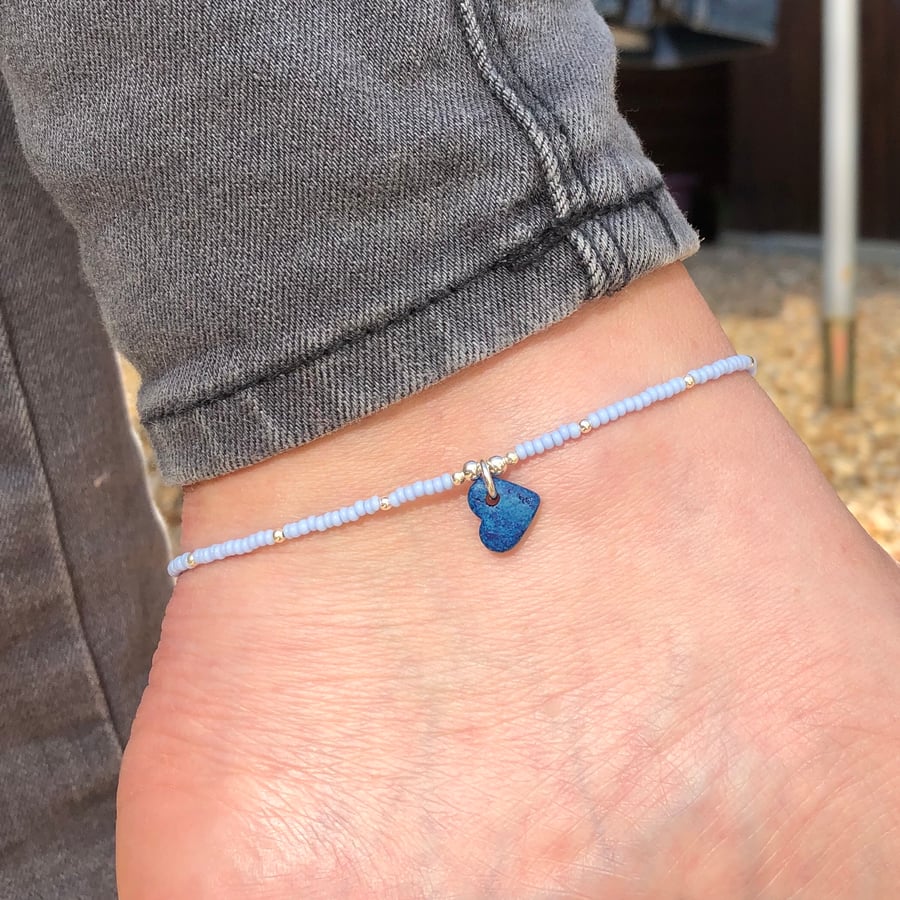 Blue Greek heart, seed bead and sterling silver anklet 
