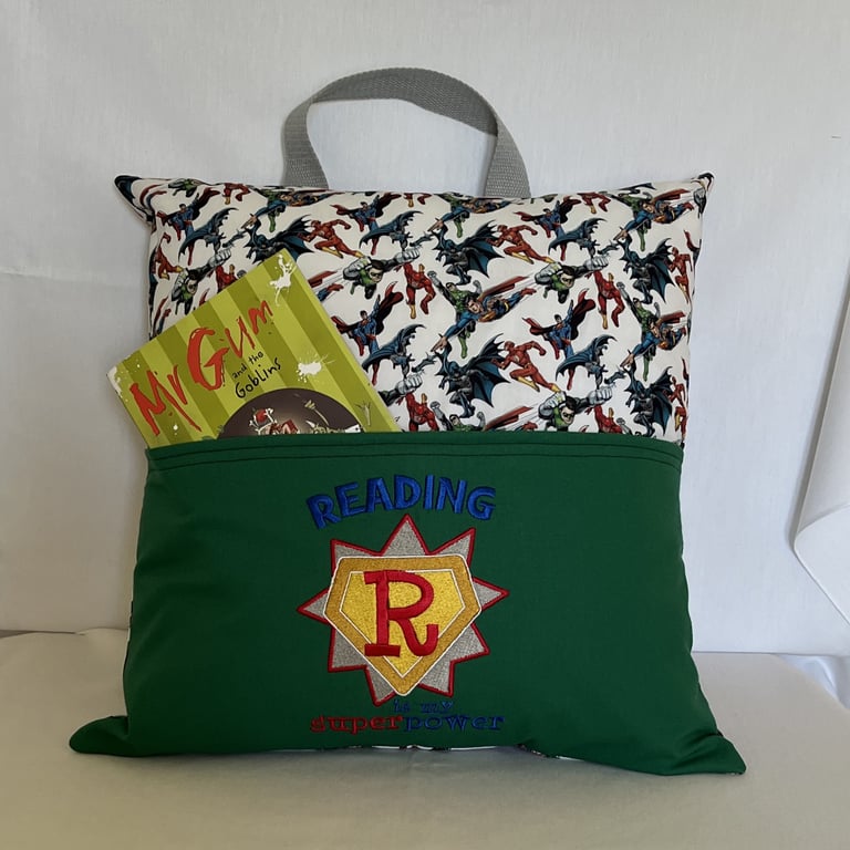 Embroidered Reading Cushion READING IS MY SUPERPOWER 