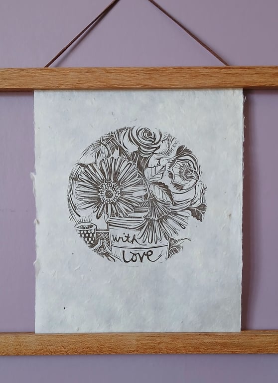 'Blooms, with Love', Linocut Print on Lokta Paper