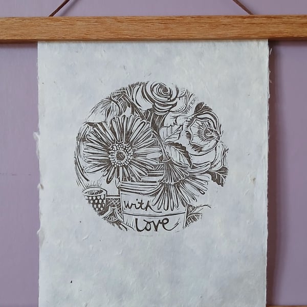 'Blooms, with Love', Linocut Print on Lokta Paper