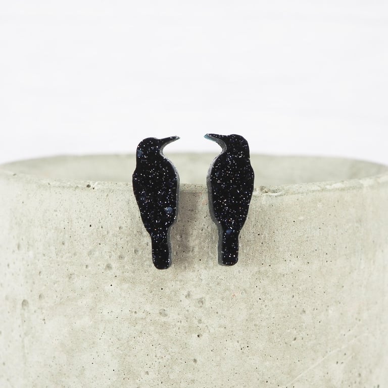 Titanium posts - Black glitter Crows stud earrings- Hypoallergenic