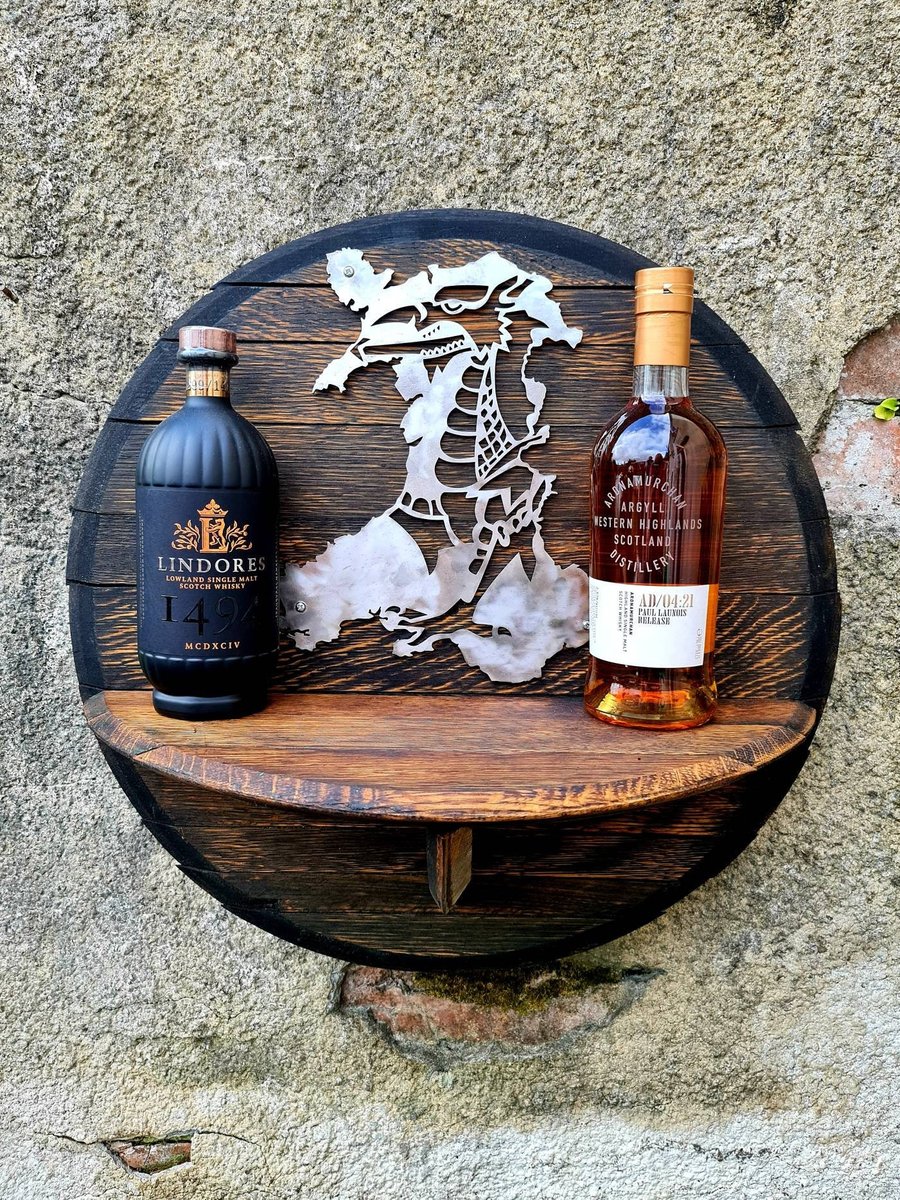 Stunning whisky barrel lid shelf with a gorgeous steel Welsh dragon piece