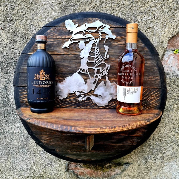 Stunning whisky barrel lid shelf with a gorgeous steel Welsh dragon piece