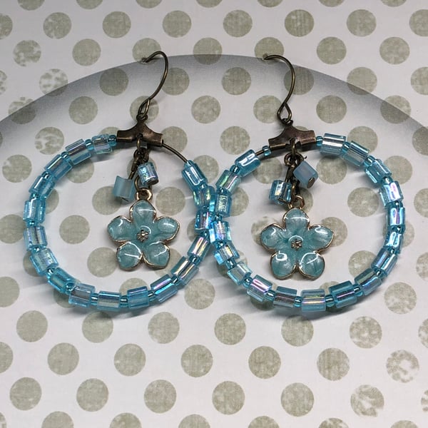 Blue flower hoop earrings 