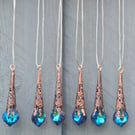 6 Victorian Christmas Tree Glass Icicle Ornaments. Filigree Copper, Peacock Blue