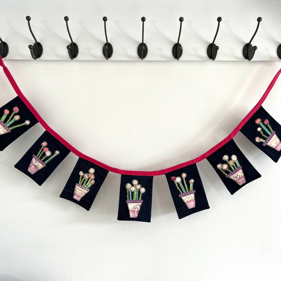  Flower and Plant Pot Denim Appliquéd Embroidered Bunting for Gardener
