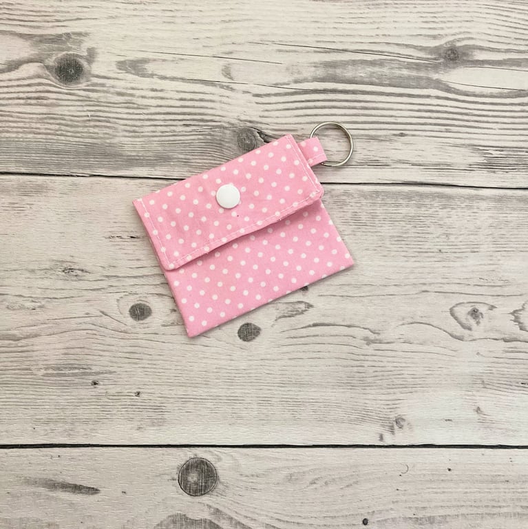 Lip balm keyring. Pink and white polka dot themed cotton fabric.