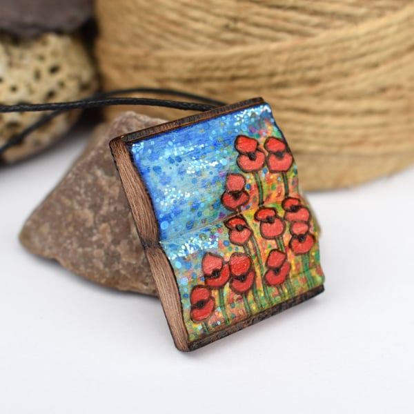 A book shaped poppy wildflower meadow pendant. Pyrography wood pendant. 