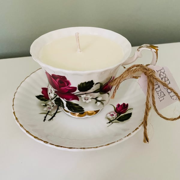Raspberry Crush Tea Cup Candle and Matching Saucer