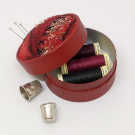 Pincushion and storage box in one - red felted embroidered pincushion