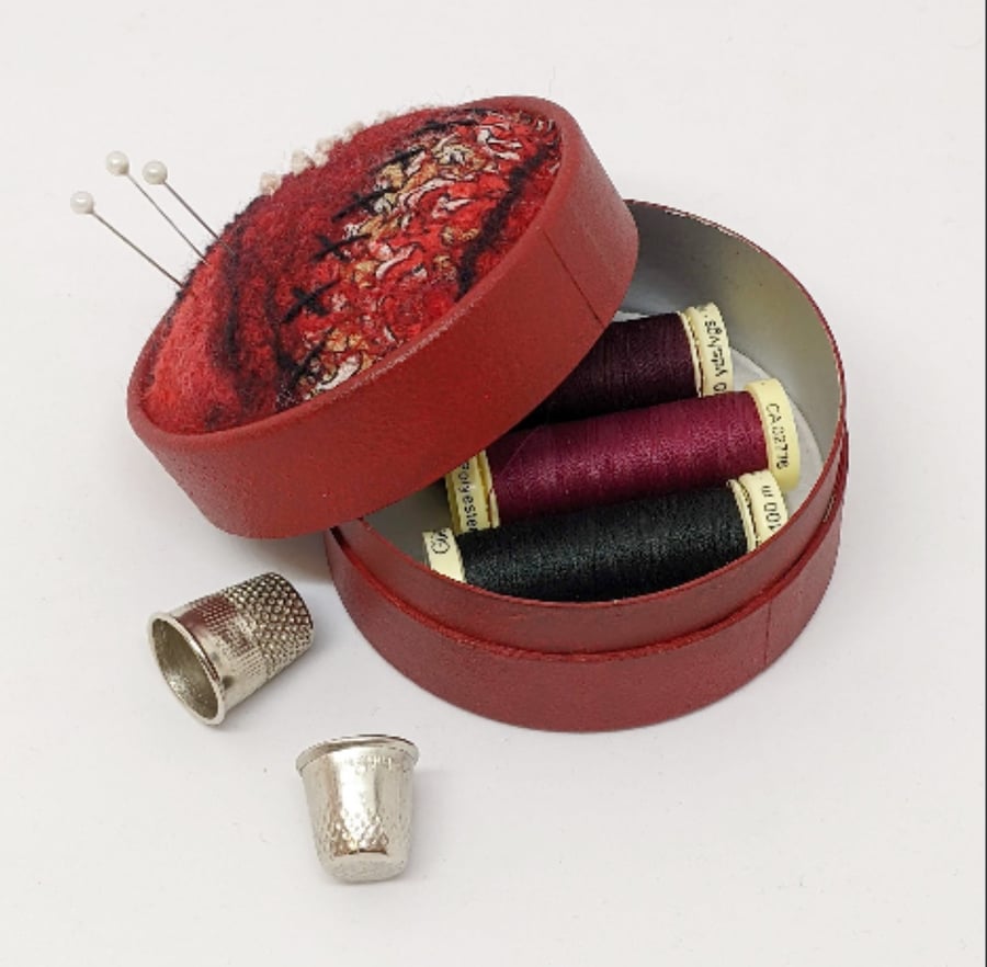 Pincushion and storage box in one - red felted embroidered pincushion