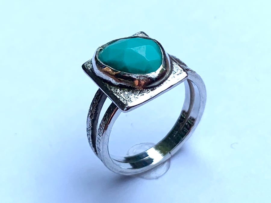 Rose Cut Turquoise ‘Picture’ Ring on Sterling Silver, UK (N to O)