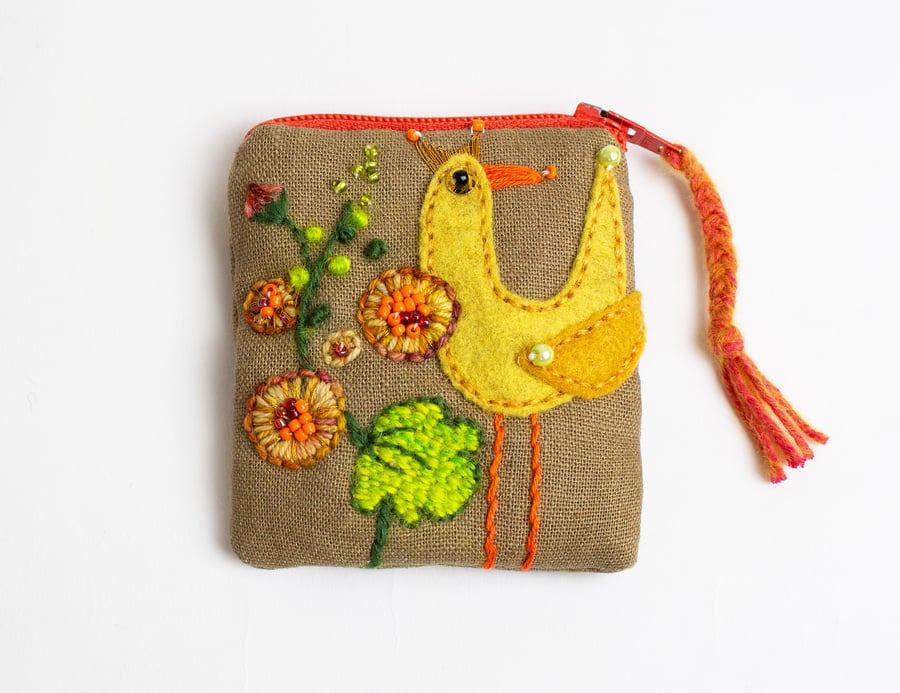 Brown linen coin purse with hand embroidered bird and hollyhock