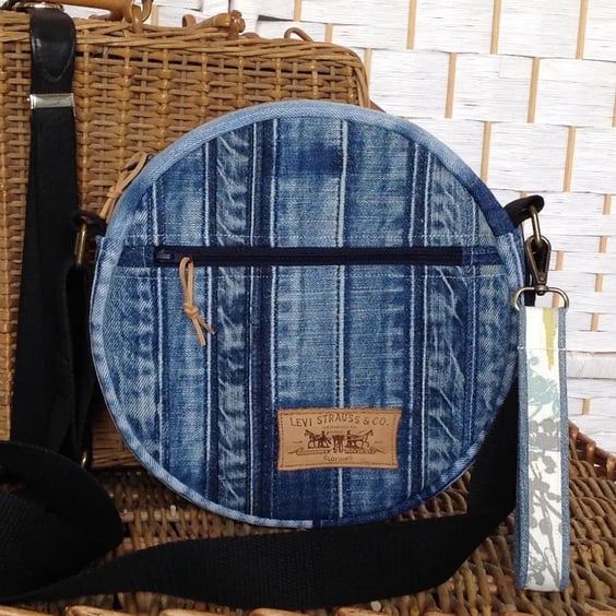 Blue denim circle bag, crossbody bag, recycled denim