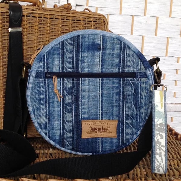 Blue denim circle bag, crossbody bag, recycled denim