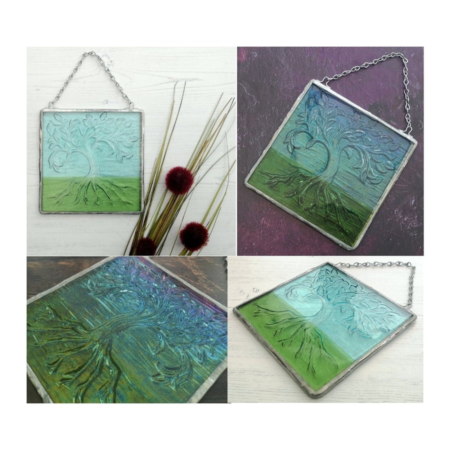 Handmade Fused Glass Tree Of Life Picture - Hanging Wall Plaque - Sun Catcher 