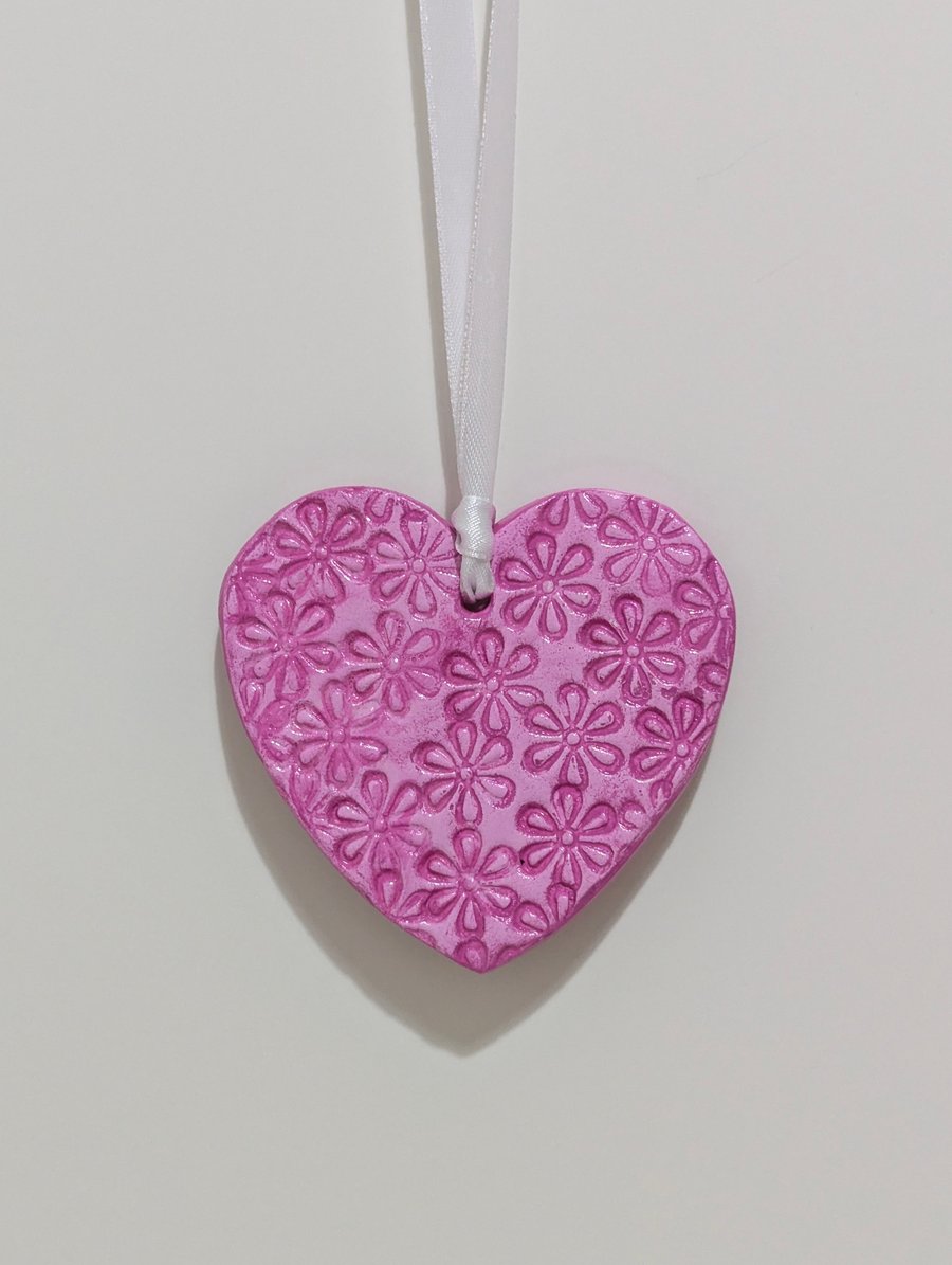 Clay heart hanging decoration, bright pink embossed with flowers, gift for her