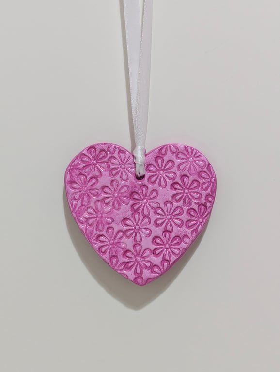 Clay heart hanging decoration, bright pink embossed with flowers, gift for her