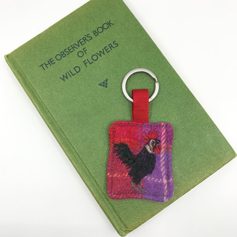 Hand embroidered cockerel on a keyring