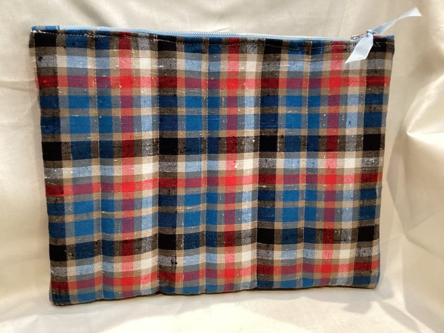 Blue check zip top, padded, A4 size document and tablet bag