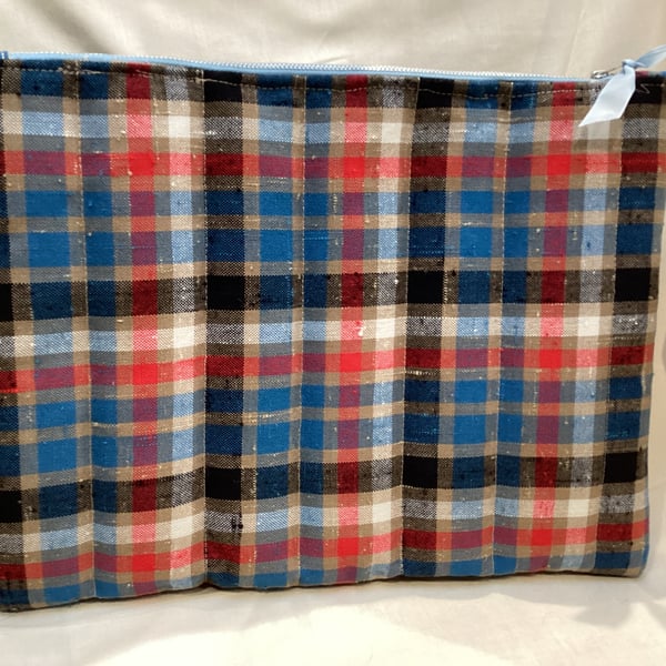 Blue check zip top, padded, A4 size document and tablet bag