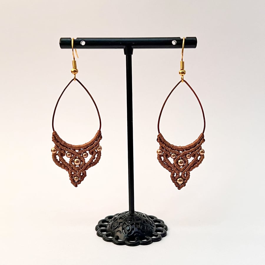 Earrings Macrame Tear Shaped - Brown & Gold FREE UK P&P