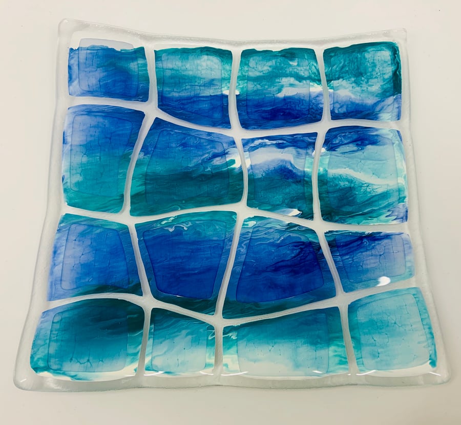 Beautiful Retro Warp effect blue and teal enamel painted fused glass dish