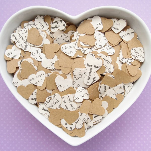 500 Shakespeare Book Kraft Confetti Hearts - Wedding Engagement Party Decor