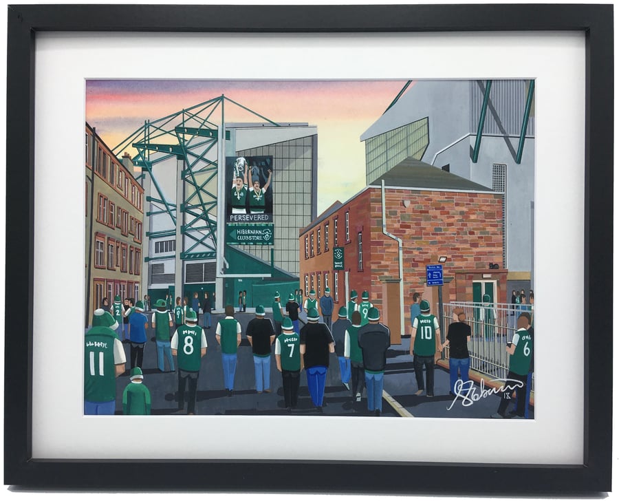 Hibernian FC, Easter Road, Quality Framed Football Art Print. 14" x 11" Frame