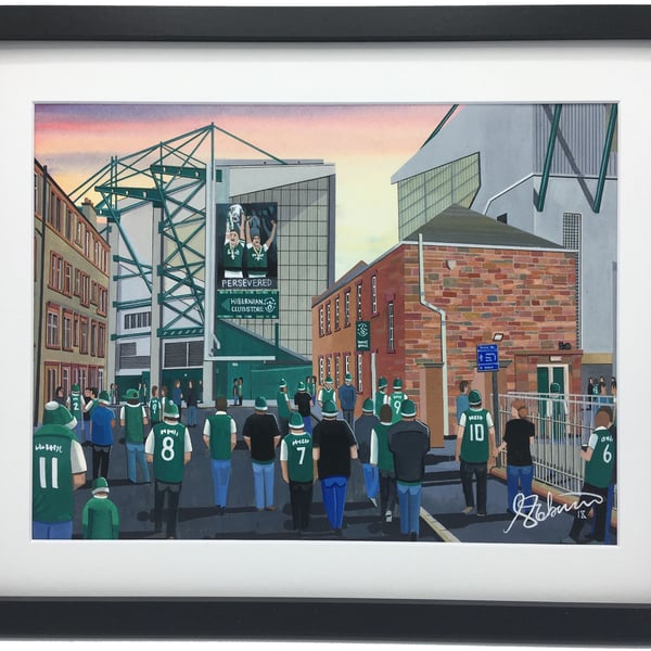 Hibernian FC, Easter Road, Quality Framed Football Art Print. 14" x 11" Frame