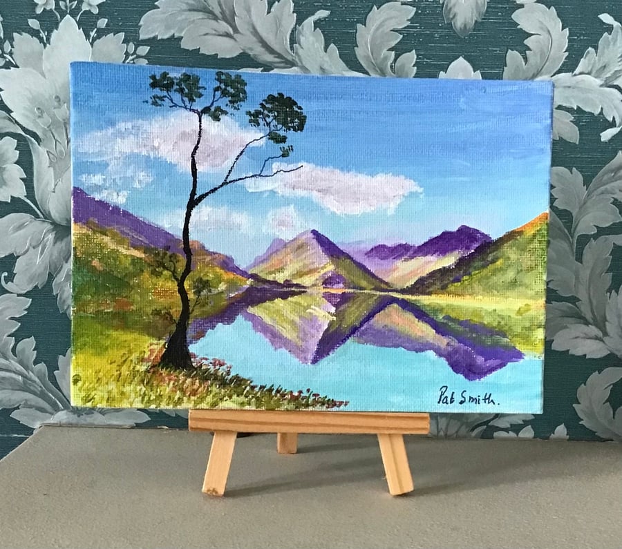 Small original acrylic painting, Buttermere, 7”x 5” unmounted, unframed