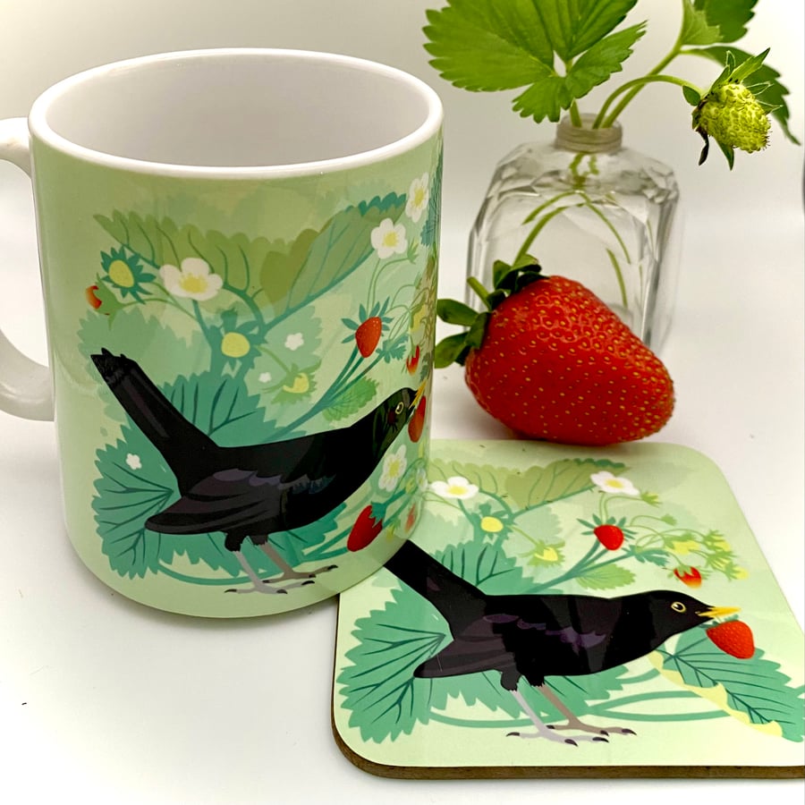 Blackbird with Strawberry Ceramic Mug - matching Coaster option