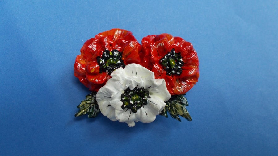 RED & WHITE POPPY BROOCH Poppy Pin Red Wedding Lapel Flower HANDMADE HANDPAINTED