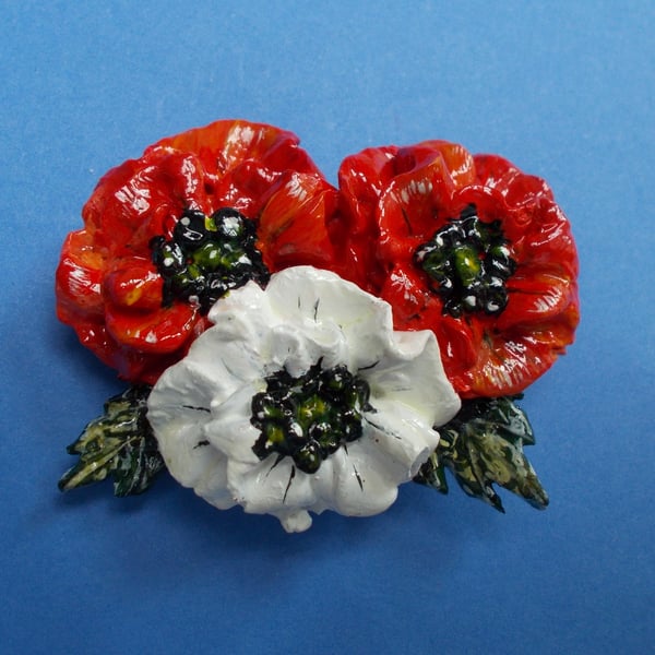 RED & WHITE POPPY BROOCH Poppy Pin Red Wedding Lapel Flower HANDMADE HANDPAINTED