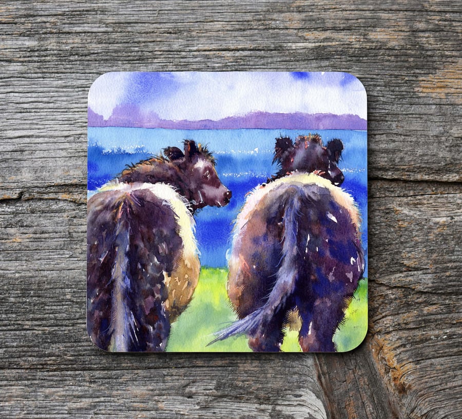 Belted Galloway cow coaster, Scottish Sea View