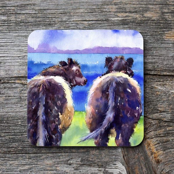 Belted Galloway cow coaster, Scottish Sea View