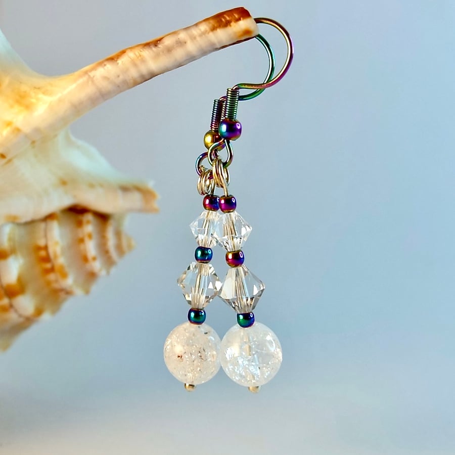 Crackle Quartz, Crystal & Rainbow Hematite Earrings - Birthday, Anniversary Gift