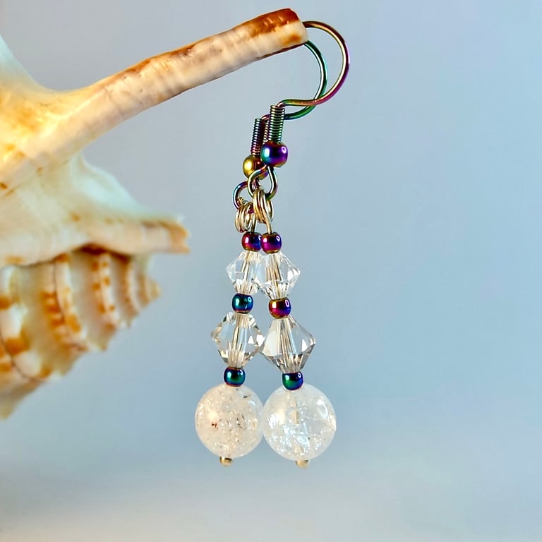 Crackle Quartz, Crystal & Rainbow Hematite Earrings - Birthday, Anniversary Gift