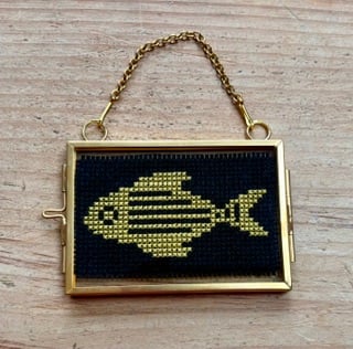 Miniature Light Olive Framed Fish Embroidery