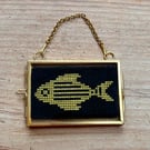 Miniature Light Olive Framed Fish Embroidery
