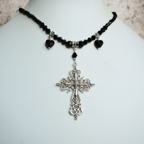 Silver Cross and Black Hearts Necklace