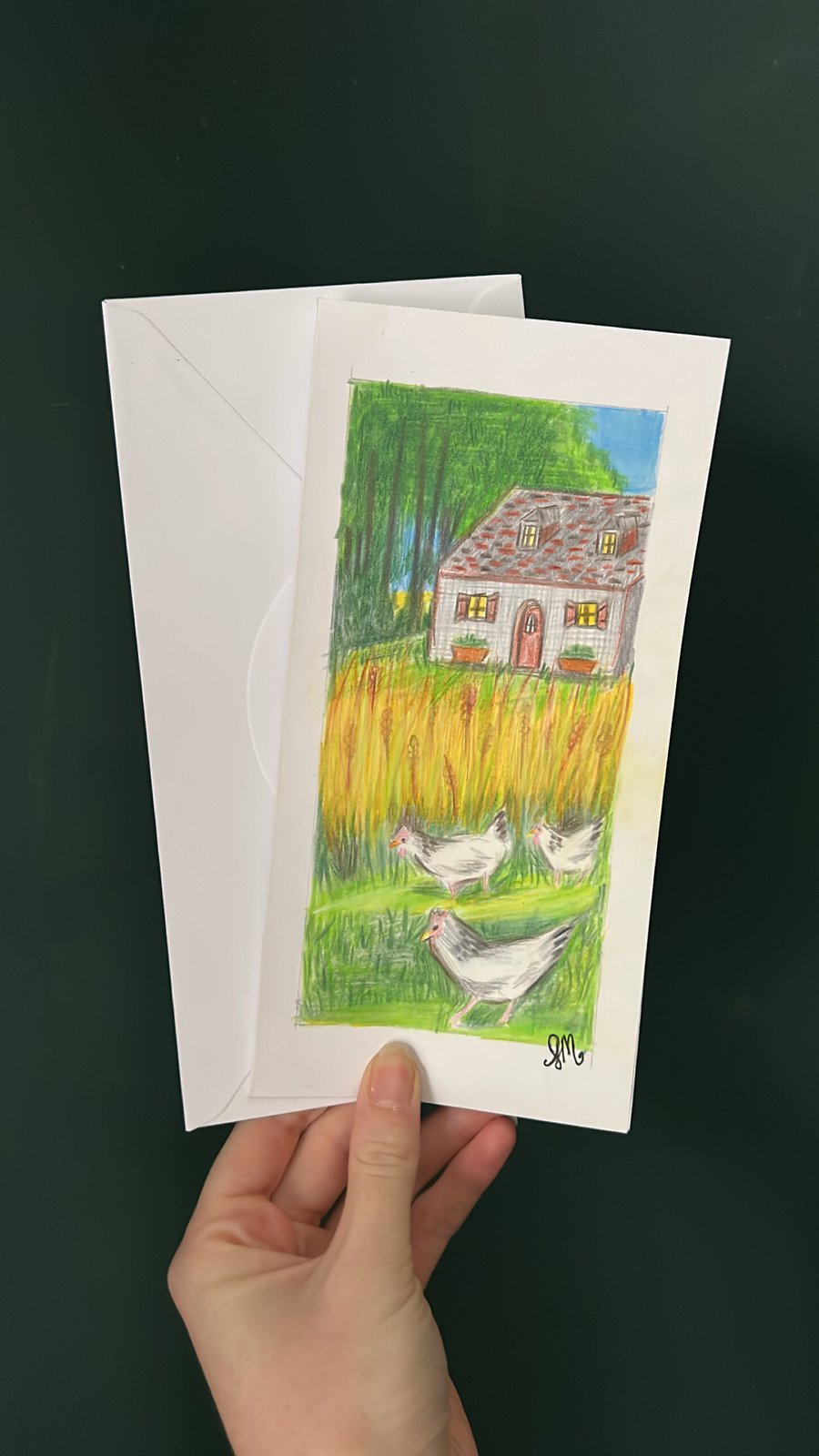 Handmade Greeting Card Woodland Cottage with Hens 
