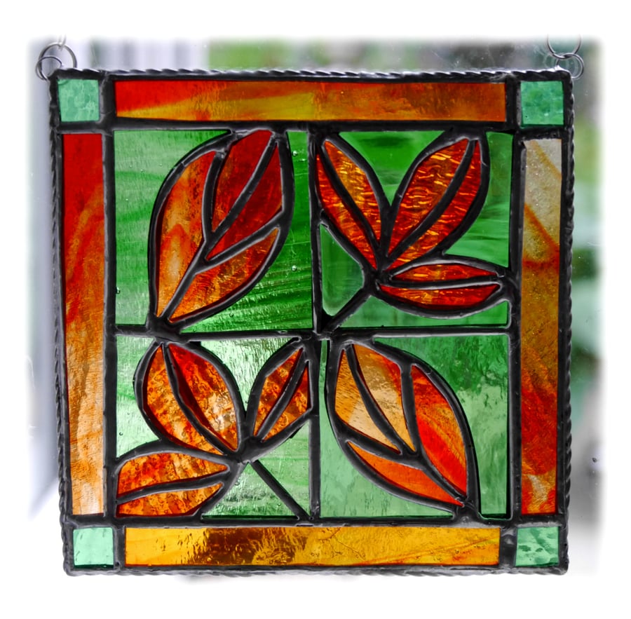 Leaf Tile Suncatcher Stained Glass Red Framed Picture 004