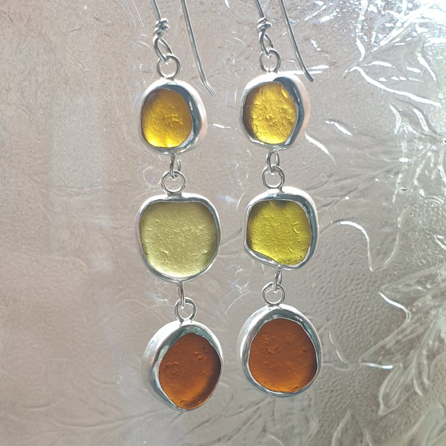 Long sea glass earrings, Triple seaglass dangles, Olive green and yellow