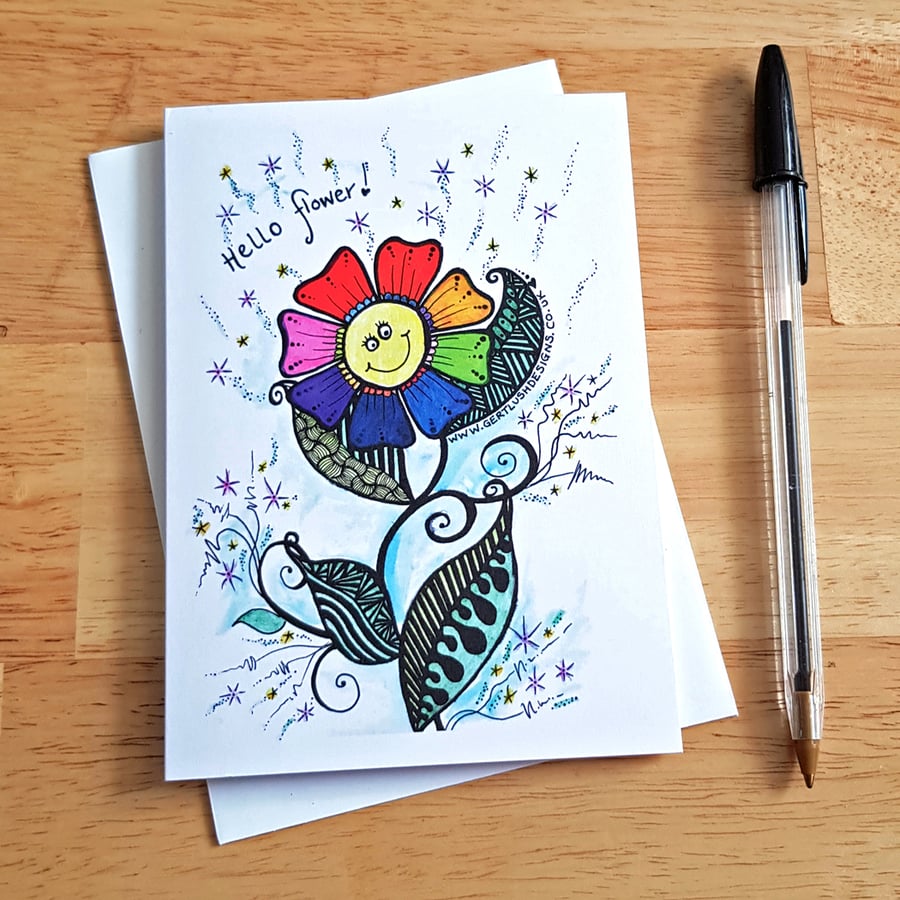 Hello Flower Card - Colourful Doodle Friendship and Just Because Card