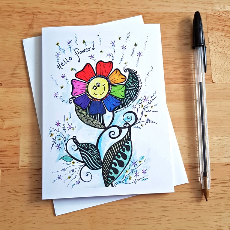 Hello Flower Card - Colourful Doodle Friendship and Just Because Card