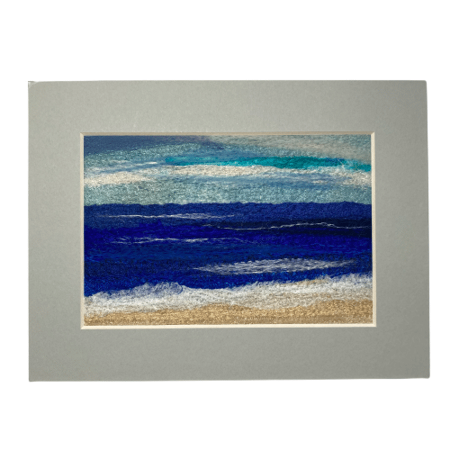 Needle felted picture, silk and wool textile art, beach scene 8"x6"mounted