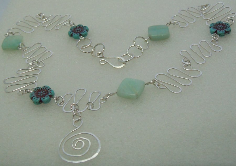 An Amazonite & Czech glass bead handmade wirework necklace pendant