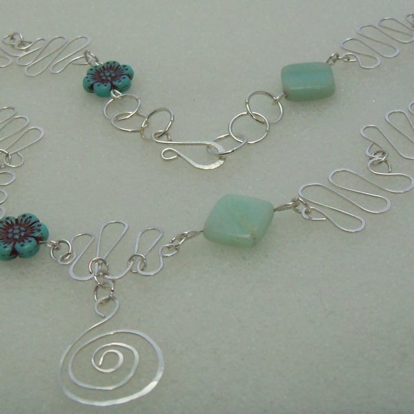 An Amazonite & Czech glass bead handmade wirework necklace pendant